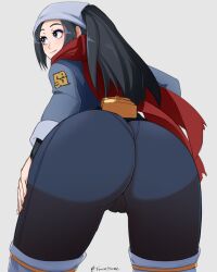 Rule 34 | 1girl, akari (pokemon), ass, ass focus, bag, bent over, black hair, blue eyes, cameltoe, cleft of venus, creatures (company), eyebrows, eyelashes, female focus, from behind, game freak, hand on leg, highres, jacket, long hair, looking ahead, nail polish, nintendo, pants, pantylines, pokemon, pokemon legends: arceus, ponytail, scarf, showing off, solo, tight clothes, tight pants, tsunsune