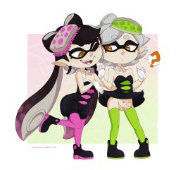 Rule 34 | + +, 2girls, ?, artist name, bare shoulders, black dress, black footwear, black hair, border, breasts, callie (splatoon), cleavage, clothes lift, detached collar, domino mask, dress, dress lift, earrings, erection, fangs, food, full body, futanari, gloves, gradient background, gradient hair, green legwear, grey hair, half-closed eyes, hands up, jewelry, knees together feet apart, leg lift, legs apart, long hair, looking down, looking to the side, marie (splatoon), mask, merunyaa, mole, mole under eye, multicolored hair, multiple girls, newhalf, nintendo, no panties, object on head, one eye closed, open mouth, orange background, pantyhose, penis, pink background, pointy ears, purple hair, purple legwear, shoes, short dress, short hair, short jumpsuit, simple background, small breasts, smile, splatoon (series), standing, standing on one leg, sushi, teeth, tentacle hair, tentacles, testicles, text focus, thighhighs, tumblr, twintails, uncensored, watermark, web address, white border, white gloves, wink