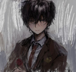 Rule 34 | 1boy, black hair, brown jacket, character request, closed mouth, collared jacket, collared shirt, commentary request, copyright request, grey background, highres, jacket, jiz (pffbq), looking at viewer, male focus, necktie, purple eyes, shirt, short hair, smile, solo, upper body