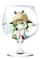 Rule 34 | 1girl, :/, animal, aqua eyes, blonde hair, bow, cup, eyelashes, flower, food, frog, glass, hair bow, hair ornament, hat, hugging own legs, in container, in cup, in food, long sleeves, looking at viewer, mini person, minigirl, moriya suwako, nakaikane, shirt, short hair, simple background, skirt, skirt set, smile, solo, touhou, turtleneck, vest, white background, wide sleeves
