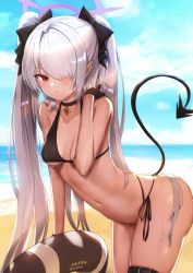 Rule 34 | 1girl, absurdres, artist name, bikini, black bikini, black bow, blue archive, blue sky, blush, bow, closed mouth, cloud, commentary request, day, demon tail, grey hair, hair bow, hair over one eye, halo, highres, horizon, innertube, iori (blue archive), iori (swimsuit) (blue archive), leaning forward, long hair, multi-strapped bikini bottom, nekoya (liu), ocean, outdoors, pointy ears, red eyes, side-tie bikini bottom, signature, sky, solo, standing, swim ring, swimsuit, tail, twintails, twitter username, very long hair, water