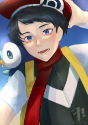 Rule 34 | 1boy, absurdres, backpack, bag, black hair, blue eyes, commentary request, creatures (company), eyelashes, game freak, gen 4 pokemon, hand on headwear, hand up, hat, highres, looking down, lower teeth only, lucas (pokemon), male focus, nintendo, open mouth, piplup, pokemon, pokemon (creature), pokemon dppt, red headwear, red scarf, scarf, short hair, short sleeves, sizuru (garasuame0206), teeth, tongue, yellow bag