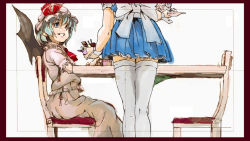 Rule 34 | 2girls, bat wings, blue eyes, blue hair, blue skirt, chair, chocolate, female focus, food, from behind, from below, grin, hat, ice cream, izayoi sakuya, maid, miniskirt, mtmy, multiple girls, pleated skirt, remilia scarlet, sitting, skirt, smile, standing, table, thighhighs, touhou, tray, white legwear, wings, zettai ryouiki