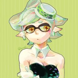 Rule 34 | + +, 1girl, arm grab, bare arms, bare shoulders, black dress, breasts, cleavage, collarbone, detached collar, domino mask, dress, earrings, female focus, gloves, green background, hanada (cobalt003), hand on own arm, hat, inkling player character, jewelry, looking away, marie (splatoon), mask, mole, mole under eye, neck, nintendo, pointy ears, short hair, shy, solo, splatoon (series), strapless, strapless dress, striped, striped background, symbol-shaped pupils, upper body, white gloves, white hair, yellow eyes