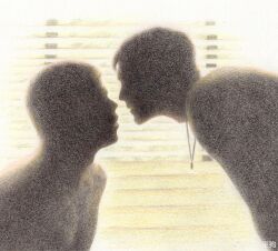 Rule 34 | 2boys, absurdres, colored pencil (medium), couple, dagou (yuzhou fei gou), faceless, faceless male, from side, highres, imminent kiss, looking at another, male focus, multiple boys, original, profile, short hair, sideburns, silhouette, traditional media, upper body, weibo logo, weibo username, yaoi