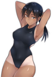 Rule 34 | adjusting hair, armpits, arms up, black eyes, black hair, black one-piece swimsuit, cameltoe, character request, competition swimsuit, copyright request, em (totsuzen no hakike), hair between eyes, highres, legs together, long hair, looking at viewer, one-piece swimsuit, one-piece tan, skindentation, smile, solo, strike witches zero, swimsuit, tan, tanline, world witches series