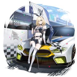 Rule 34 | 1girl, absurdres, agnes (counter:side), arm strap, bare arms, bare shoulders, bikini, black gloves, black shirt, black shorts, blonde hair, bmw, boots, breasts, car, checkered bikini, checkered clothes, closed mouth, controlline3, counter:side, crop top, detached collar, flag, full body, gloves, green eyes, hair between eyes, hair over one eye, hair ribbon, halterneck, heterochromia, highres, holding, looking at viewer, medium breasts, midriff, mismatched pupils, motor vehicle, navel, race queen, revealing clothes, ribbon, shirt, short hair, short shorts, shorts, sleeveless, sleeveless shirt, smile, solo, spaghetti strap, sports car, stomach, string bikini, swimsuit, thigh boots, thighhighs, thighs, vehicle request, white thighhighs, yellow eyes