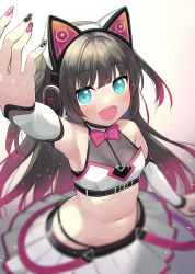 Rule 34 | 1girl, :d, animal ear headphones, animal ears, aqua eyes, arm up, armpits, belt, black nails, blunt bangs, bow, bowtie, breasts, brown hair, cat ear headphones, colored tips, commentary request, crop top, detached sleeves, duplicate, fake animal ears, from above, headphones, highres, hime cut, hololive, long hair, midriff, minamura haruki, miniskirt, multicolored hair, nail polish, natsuiro matsuri, natsuiro matsuri (re:start), navel, official alternate costume, official alternate hairstyle, open mouth, pink nails, pixel-perfect duplicate, pleated skirt, round teeth, simple background, skirt, small breasts, smile, solo, teeth, underbust, virtual youtuber, white skirt