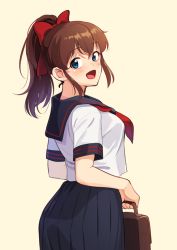 Rule 34 | 1girl, black sailor collar, black skirt, blouse, blue eyes, bow, briefcase, brown hair, from side, hair bow, holding, idolmaster, idolmaster million live!, kamille (vcx68), looking at viewer, looking back, medium hair, neckerchief, open mouth, pleated skirt, ponytail, red bow, red neckerchief, sailor collar, satake minako, school briefcase, school uniform, serafuku, shirt, simple background, skirt, smile, solo, standing, white shirt, yellow background