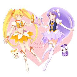 Rule 34 | 10s, 2girls, arm warmers, blonde hair, boots, bow, brooch, creature, crop top, cure fortune, cure sunshine, earrings, flower, full body, gurasan (happinesscharge precure!), hair flower, hair ornament, hair ribbon, happinesscharge precure!, heart, heart brooch, heart hair ornament, heartcatch precure!, hikawa iona, instrument, jewelry, knee boots, long hair, magical girl, multiple girls, myoudouin itsuki, nora kichi, orange bow, orange skirt, potpourri (heartcatch precure!), precure, puffy sleeves, purple eyes, purple hair, purple skirt, ribbon, shiny tambourine (heartcatch precure!), skirt, smile, tambourine, thigh boots, thighhighs, twintails, very long hair, weapon connection, white legwear, wide ponytail, wrist cuffs, yellow bow, yellow eyes