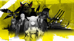 Rule 34 | 2boys, 2girls, animal ears, arknights, arknights: endfield, beard, buttons, cat ears, character request, chen qianyu (arknights), commentary, concept art, dragon horns, dress, english commentary, extra ears, facial hair, glasses, halftone, halftone background, highres, hood, hood down, hooded jacket, horns, jacket, looking at viewer, material growth, monochrome, multiple boys, multiple girls, mustache, neckerchief, off shoulder, official art, open clothes, open jacket, oripathy lesion (arknights), perlica (arknights), prototype design, shirt, short hair, sleeveless, sleeveless dress, upper body, yellow theme