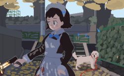 Rule 34 | 1girl, animated, animated gif, apron, black eyes, black hair, blinking, blood, blood on clothes, blue bow, blue bowtie, blush stickers, bow, bowtie, day, dress, firing, flower, gun, handgun, highres, holding, holding gun, holding weapon, leash, long sleeves, maid, maid apron, maid headdress, original, outdoors, peco-pech, pistol, pixel art, solo, stairs, tail, tail wagging, weapon