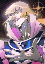 Rule 34 | 1boy, aoki (fumomo), blonde hair, crescent, crescent earrings, cronos de medici, double chin, duel academy uniform (yu-gi-oh! gx), earrings, high collar, highres, jewelry, long hair, long sleeves, looking to the side, male focus, open hand, ponytail, purple lips, smirk, solo, sparkle, upper body, yu-gi-oh!, yu-gi-oh! gx