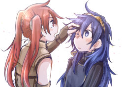 Rule 34 | 2girls, blue eyes, blue hair, blush, brand of the exalt, brown gloves, closed mouth, fingerless gloves, fire emblem, fire emblem awakening, gloves, long hair, looking at another, lucina (fire emblem), messy hair, multiple girls, nintendo, one eye closed, open mouth, red eyes, red hair, severa (fire emblem), shippo3101, symbol in eye, tiara, twintails, upper body, white background