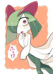 Rule 34 | colored skin, creatures (company), game freak, gen 3 pokemon, green hair, hair over one eye, hand on own chin, highres, horns, ino (tellu0120), kirlia, looking at viewer, multicolored skin, nintendo, open mouth, orange background, pokemon, pokemon (creature), sidelocks, simple background, speech bubble, translation request, trembling, two-tone skin, white skin