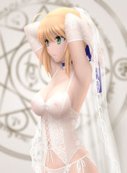 Rule 34 | 1girl, adjusting hair, ahoge, alternate breast size, armpits, arms up, artoria pendragon (all), artoria pendragon (fate), blonde hair, breasts, bridal gauntlets, bustier, choker, cleavage, commentary request, covered erect nipples, elbow gloves, fate/stay night, fate (series), garter straps, gloves, green eyes, highres, lace, large breasts, lingerie, magic circle, navel, panties, ribbon, saber (fate), see-through, short hair, side-tie panties, siraha, solo, tying hair, underwear, veil, white panties