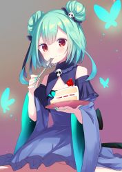 Rule 34 | 1girl, amagasa nadame, blue dress, blue sleeves, bug, butterfly, cake, cake slice, closed mouth, commentary request, detached sleeves, double bun, dress, eating, food, food on face, fork, fruit, green hair, green nails, hair bun, hair ornament, holding, holding fork, holding plate, hololive, insect, juliet sleeves, long sleeves, looking at viewer, nail polish, plate, puffy sleeves, red eyes, sitting, skull hair ornament, sleeveless, sleeveless dress, solo, strawberry, uruha rushia, uruha rushia (1st costume), virtual youtuber, wariza, wide sleeves