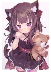 Rule 34 | 1girl, absurdres, animal ear fluff, animal ears, arashiya, arm up, black dress, blunt bangs, bow, brown eyes, brown hair, cat ears, cat girl, cat tail, commentary request, commission, criss-cross halter, dress, fallenshadow, food-themed ornament, halter dress, halterneck, heart, heart-shaped pupils, highres, indie virtual youtuber, leg ribbon, long hair, looking at viewer, non-web source, open mouth, paw pose, petite, pink ribbon, ribbon, single wrist cuff, skeb commission, solo, stuffed animal, stuffed toy, symbol-shaped pupils, tail, tail ornament, tail ribbon, teddy bear, thighhighs, virtual youtuber, waist bow, wrist cuffs