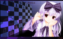 Rule 34 | 1girl, 3.1-tan, board game, bow, checkered background, chess, chess piece, hair bow, head rest, highres, jum (parallel parasol), light purple hair, lolita fashion, long hair, os-tan, red eyes, smile, solo