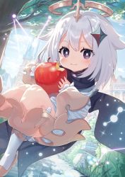 Rule 34 | 1girl, apple, asymmetrical legwear, backlighting, black scarf, blush, castle, cloud, commentary request, constellation, eating, eyelashes, feet out of frame, food, fruit, genshin impact, grass, grey hair, hair ornament, halo, highres, holding, holding food, in tree, no nose, paimon (genshin impact), puffy cheeks, purple eyes, scarf, short hair, sky, smile, solo, stone walkway, tree, tsukiman, uneven legwear, wavy mouth, white legwear