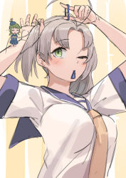 Rule 34 | 2girls, antenna hair, arms up, blue sailor collar, breasts, commentary request, fairy (kancolle), green eyes, grey hair, hair tie, hair tie in mouth, highres, kantai collection, kinugasa (kancolle), large breasts, light blush, looking up, medium hair, mouth hold, multiple girls, necktie, one eye closed, osananajimi neko, sailor collar, shirt, twintails, tying hair, upper body, white shirt, yellow background, yellow necktie
