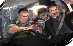 Rule 34 | 10s, 5boys, can, canned coffee, clenched teeth, coffee, contemporary, drink can, driving, facial hair, goatee, golden kamuy, jacket, jewelry, koito, leaning, male focus, multiple boys, mustache, necklace, nikaidou kouhei, oku (2964 okn), open clothes, open jacket, open mouth, sharp teeth, shaved head, short sleeves, shouting, spilling, sweat, tearing up, teeth, tsukishima, tsurumi (golden kamuy), tsurumi tokushirou, usami (golden kamuy), yellow eyes