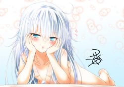 Rule 34 | 1girl, :o, ahoge, arm support, barefoot, blue eyes, blue hair, blush, body blush, breasts, breasts apart, commentary request, completely nude, foreshortening, gradient background, hair between eyes, half-closed eyes, hands on own cheeks, hands on own face, hibiki (kancolle), jewelry, kantai collection, long hair, lying, necklace, nude, on stomach, open mouth, pendant, signature, small breasts, solo, sweat, translation request, tsurime, very long hair, yua (checkmate)