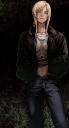 1girl aya_brea black_jacket blonde_hair blue_eyes breasts collarbone commentary denim gauss_&lt;bokashi hands_in_pockets highres jacket jeans lips long_hair looking_at_viewer navel open_fly pants parasite_eve_(series) parasite_eve_i solo