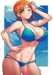 Rule 34 | 1girl, absurdres, bare shoulders, bikini, blue bikini, blue sky, border, breasts, brown eyes, cameltoe, cleavage, closed mouth, cloud, collarbone, cowboy shot, day, gez1313, hand on own hip, highres, large breasts, nami (one piece), navel, one eye closed, one piece, orange hair, short hair, sky, solo, standing, sweat, swimsuit, tattoo, arm tattoo, white border