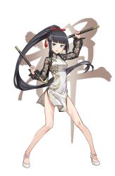 Rule 34 | 1girl, :d, black hair, blue eyes, china dress, chinese clothes, dress, full body, hair ornament, highres, josie rosebud, long hair, looking at viewer, mole, mole under eye, official art, open mouth, ponytail, princess principal, princess principal game of mission, simple background, smile, solo, standing, transparent background, very long hair, weapon, white footwear