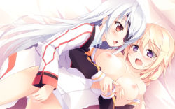 Rule 34 | 10s, 2girls, bdsm, bed, blonde hair, bondage, bottomless, bound, grabbing another&#039;s breast, breasts, charlotte dunois, eyepatch, fingering, fingerless gloves, gloves, grabbing, highres, infinite stratos, jacket, kazakura, large breasts, laura bodewig, long hair, lying, multiple girls, naked jacket, nipples, off shoulder, open clothes, open mouth, open shirt, purple eyes, pussy juice, red eyes, shirt, tongue, track jacket, uniform, white gloves, yuri