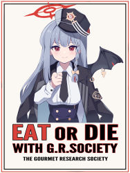 Rule 34 | 1girl, absurdres, black hat, black jacket, black necktie, blue archive, braid, closed mouth, collared shirt, cropped torso, demon wings, english text, grey hair, halo, haruna (blue archive), hat, high-waist skirt, highres, i want you, jacket, jacket on shoulders, looking at viewer, military hat, necktie, peaked cap, pointing, pointing at viewer, red eyes, shirt, shirt tucked in, single braid, single wing, skirt, smile, solo, uhouhogorigori, white shirt, wings
