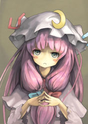 Rule 34 | 1girl, blush stickers, bow, crescent, female focus, grey eyes, hat, long hair, no nose, patchouli knowledge, purple hair, simple background, solo, touhou, upper body, wu ba pin