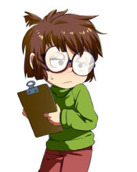 Rule 34 | 1girl, blush, brown hair, child, clipboard, frown, glasses, highres, jcm2, lisa loud, sweater, the loud house