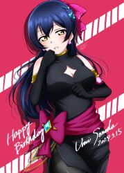 Rule 34 | 1girl, bare shoulders, birthday, blue hair, breasts, cleavage, dated, elbow gloves, gloves, happy birthday, highres, long hair, looking at viewer, love live!, solo, sonoda umi, surv1v3-13005993, yellow eyes
