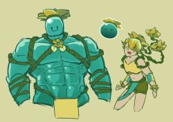 Rule 34 | 2boys, abs, absurdres, amber (sugarovin), bara, blank eyes, copyright request, crop top, cropped legs, flower, highres, large pectorals, looking at viewer, male focus, monster boy, multiple boys, muscular, muscular male, navel, pectorals, pelvic curtain, personification, plant, reference inset, revealing clothes, rope, shorts, skinny, slime boy, smile, stomach