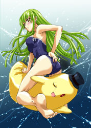 Rule 34 | 00s, 1girl, ass, barefoot, c.c., cheese-kun, code geass, feet, green hair, kneeling, long hair, looking back, mikage nao, one-piece swimsuit, pizza hut, school swimsuit, soles, solo, swimsuit, yellow eyes