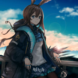 Rule 34 | 1girl, advarcher, amiya (arknights), animal ears, arknights, artist name, blue eyes, blurry, blurry background, brown hair, clothes writing, cloud, coat, commentary, day, flare, hair between eyes, highres, jewelry, long hair, long sleeves, looking at viewer, multiple rings, rabbit ears, ring, smile, solo