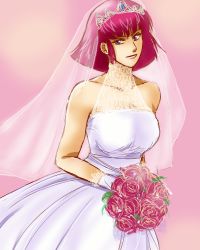Rule 34 | bridal veil, bride, dress, flower, gundam, haman karn, lowres, pink hair, purple eyes, rose, short hair, solo, veil, wedding dress, zeta gundam