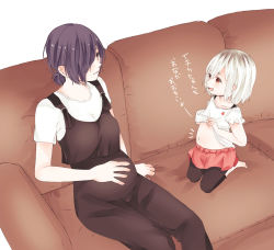 Rule 34 | 2girls, bad id, bad pixiv id, black legwear, black pants, blush, breasts, brown eyes, cherry print, child, commentary request, couch, food print, hair bun, hand on own stomach, highres, kaneki ichika, kirishima touka, large breasts, looking at another, mother and daughter, multiple girls, navel, open mouth, pants, pink skirt, pregnant, seiza, shirt, short hair, short sleeves, single hair bun, sitting, skirt, stomach, tokyo ghoul, tokyo ghoul:re, toukaairab, translated, white background, white shirt