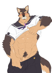 Rule 34 | 1boy, abs, absurdres, animal ears, bara, blush, clothes lift, clothes pull, cowboy shot, dog boy, dog ears, dog tail, flaccid, furry, furry male, highres, ioenami, large pectorals, lifting own clothes, live a hero, looking at viewer, male focus, male pubic hair, muscular, muscular male, navel, navel hair, nipples, no male underwear, pants, pants pull, pectorals, penis, penis peek, pubic hair, pubraseer (live a hero), sailor, sailor collar, sailor shirt, seductive smile, shirt, shirt lift, short hair, simple background, smile, solo, stomach, tail, underpec, white background