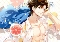 Rule 34 | 1boy, abs, brown hair, collarbone, earrings, grapefruit, hyosung, ice, ice cube, jewelry, male focus, open clothes, open shirt, shirt, the tale of food, solo, upper body, white shirt