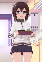 Rule 34 | 10s, 1girl, :d, black hair, blue eyes, blush, breasts, brown hair, cowboy shot, faucet, fluorescent lamp, food, hayasui (kancolle), holding, ikeda yuuki, indoors, jacket, kantai collection, long sleeves, md5 mismatch, open mouth, pleated skirt, short hair, skirt, smile, solo, track jacket, tray, turtleneck, window, zipper