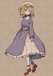 Rule 34 | 1girl, :|, absurdres, ankle bow, ankle ribbon, arms at sides, beret, blonde hair, blue eyes, blush, bow, closed mouth, collared dress, commentary, dress, expressionless, eyebrows hidden by hair, fingernails, frilled dress, frills, full body, hat, hatching (texture), highres, layered dress, leg ribbon, long sleeves, looking up, maribel hearn, mary janes, medium hair, nama udon, purple dress, red bow, red footwear, ribbon, shoes, simple background, solo, touhou, white bow, white dress, white hat