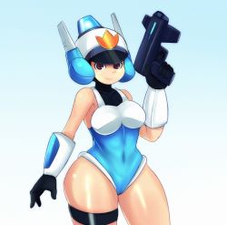 Rule 34 | 1girl, alarm siren, bad id, bad tumblr id, black gloves, breasts, brown eyes, cameltoe, covered navel, curvy, gloves, gun, handgun, large breasts, leotard, mato spectoru, mighty (series), mighty switch force!, patricia wagon, pistol, police, robot ears, solo, thick thighs, thighs, weapon