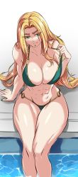 Rule 34 | 1girl, abs, absurdres, bikini, bikini pull, blonde hair, chin piercing, clothes pull, curvy, fate/grand order, fate (series), green bikini, green eyes, highres, looking at viewer, muscular, muscular female, one-piece swimsuit pull, poolside, quetzalcoatl (fate), solo, swimsuit, thick thighs, thighs, wide hips, zantyarz