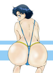 Rule 34 | 1990s (style), 1girl, ass, back, bikini, bishoujo senshi sailor moon, blue eyes, blue hair, blush, earrings, eleven929rr, from behind, huge ass, jewelry, looking back, matching hair/eyes, mizuno ami, short hair, slingshot swimsuit, solo, squatting, swimsuit
