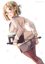 Rule 34 | 10s, 1girl, :o, alternate costume, arm at side, ass, back, back-seamed legwear, blonde hair, blue shirt, breasts, brown pantyhose, cardigan, collared shirt, dutch angle, eyebrows, folded ponytail, from behind, glasses, green eyes, highres, holding, kantai collection, katori (kancolle), large breasts, long hair, long sleeves, looking back, pantyhose, pantylines, parted bangs, pencil skirt, petals, rimless eyewear, seamed legwear, shirt, skirt, sogabe toshinori, solo, twitter username, white background