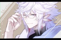 Rule 34 | 1boy, ;), ahoge, amata1006, character name, commentary, earrings, fate/grand order, fate (series), glasses, hair between eyes, highres, jewelry, letterboxed, light smile, long hair, looking at viewer, male focus, merlin (fate), one eye closed, portrait, purple eyes, signature, smile, solo, very long hair, white hair