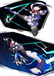 Rule 34 | 1girl, action, black hair, blue eyes, boots, collage, cropped jacket, detached sleeves, flying kick, foreshortening, genderswap, genderswap (mtf), highres, kicking, multicolored hair, personification, pleated skirt, red hair, ryuusei (mark ii), scarf, sideburns, skirt, smokescreen (transformers), solo focus, thigh boots, thighhighs, transformers, white hair, zettai ryouiki